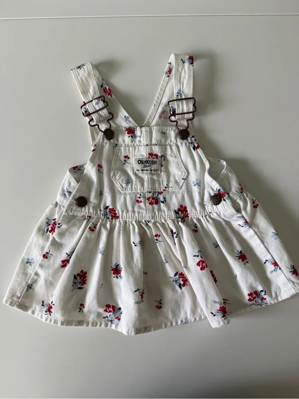 OshKosh B'gosh White Floral Overall Dress with Red and Blue Flowers